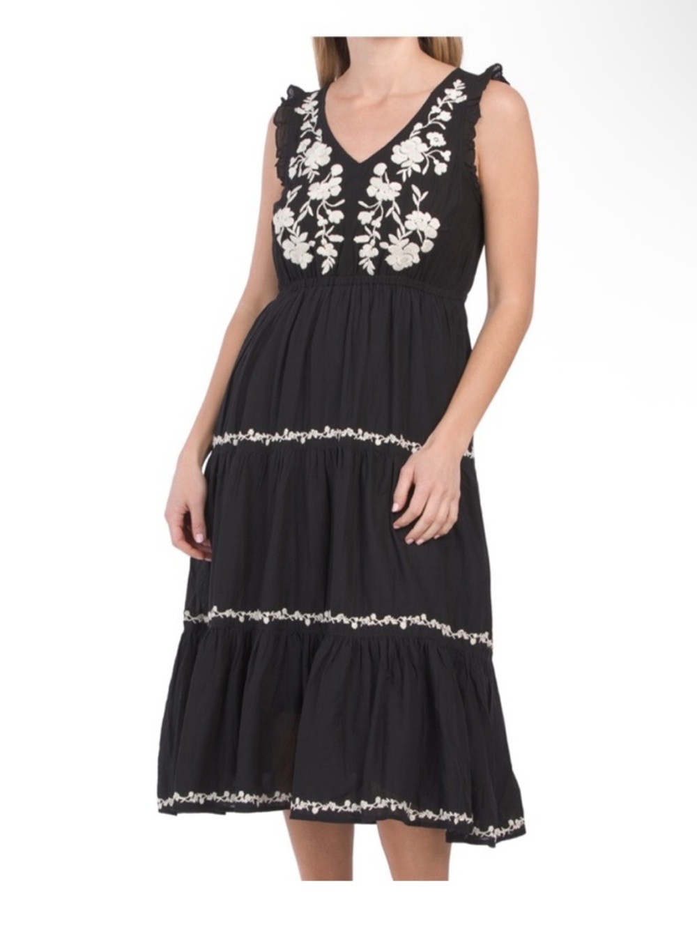 Lucky Brand Black Midi Dress with White Floral Embroidery